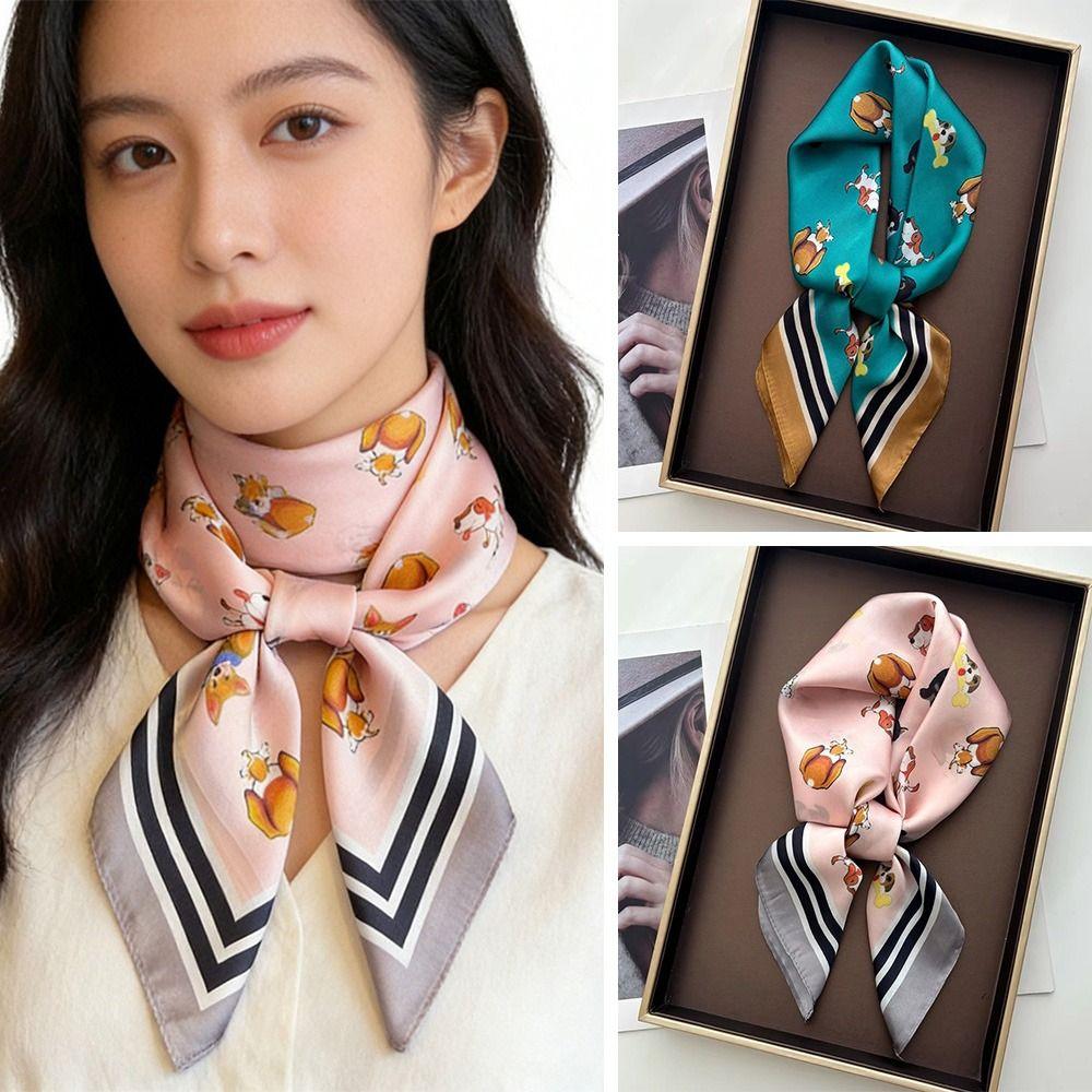 Cartoon Dog Print Women Square Scarf 70x70cm Silk Scarf Cute Shawl Fashion Accessory