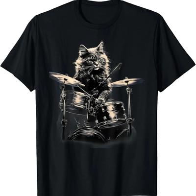 Кот играет на барабанах I Кот музыкальная футболка (2)
