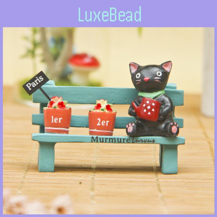 Cute Black Cat Sitting On Bench Watering Flowers Desktop Figurine With Planting Scene For Office Decor And Gift