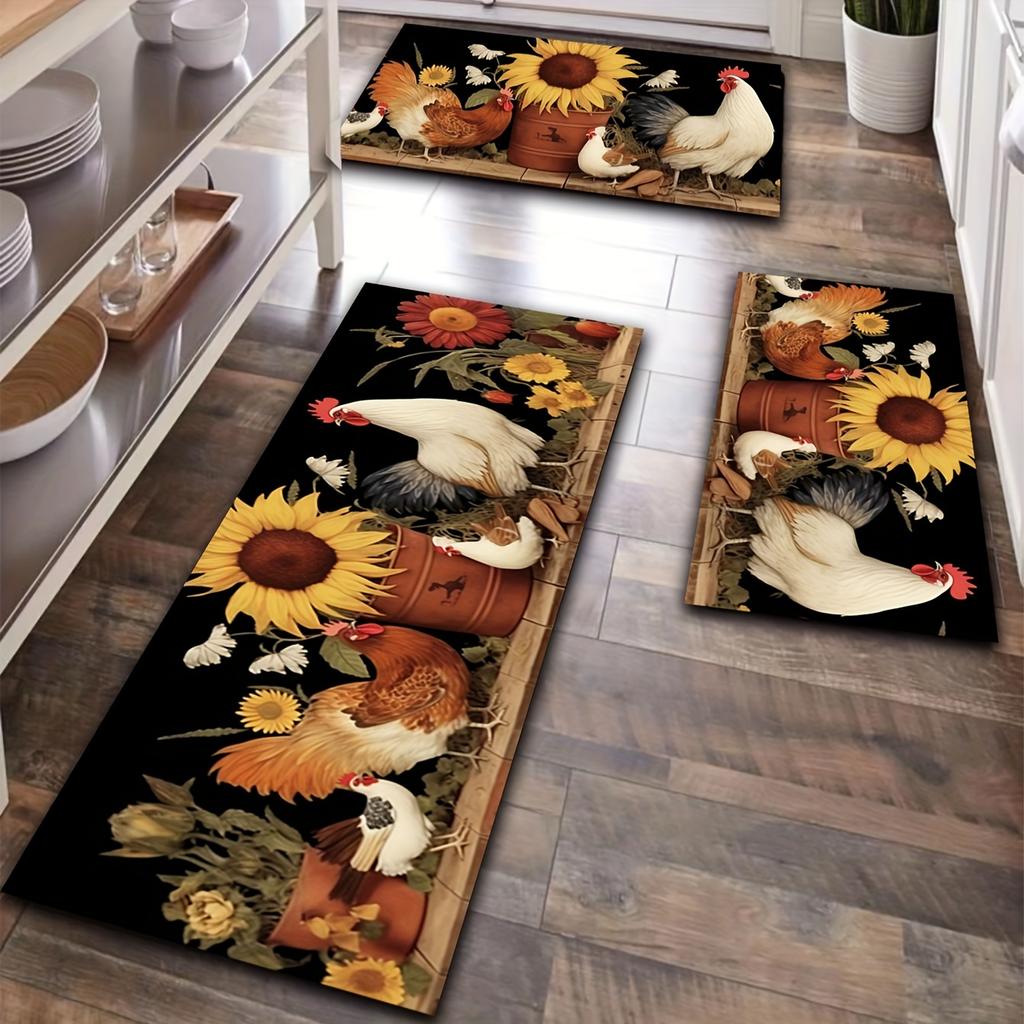1Pcs Luxury Rooster Sunflower Print Print Kitchen Mat Soft Thickened Kitchen Floor Mat Waterproof Non-slip Oil-proof Floor Mat Runner Rug
