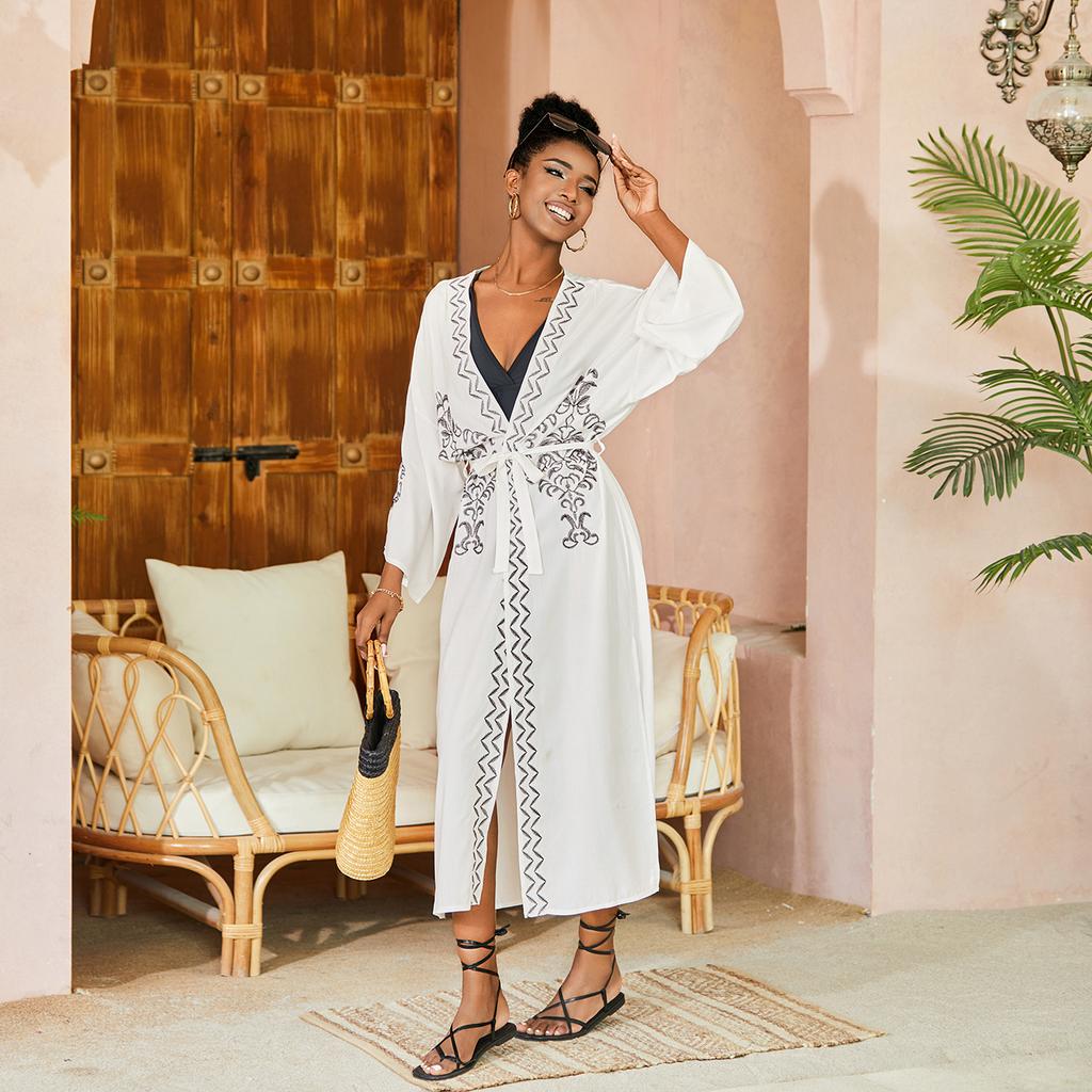 Женская мода весна осень длинные рукава V-образный вырез высокая талия повседневные платья