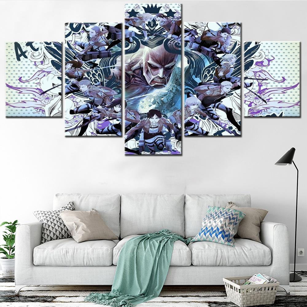 5 Pieces Canvas Wall Art Poster Painting Anime Cartoon Attack On Titan Wallpaper Picture Print Home Decor Living Room Cool Mural
