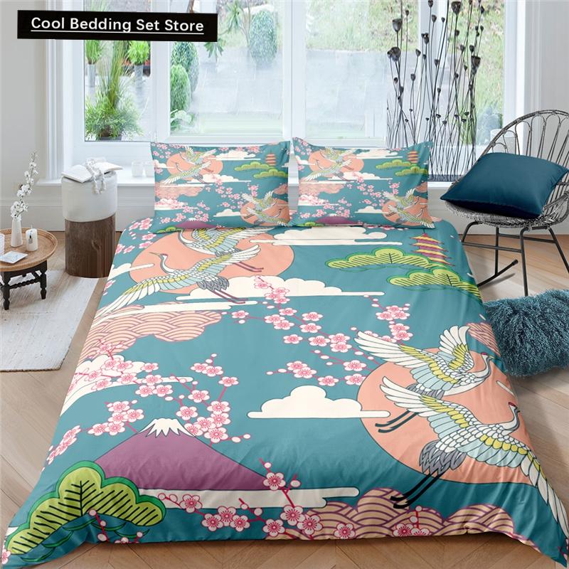 Пододеяльник с японским журавлем King Queen Size Wave Flower Ukiyo-e Style Комплект постельного белья Восточная культура 2/3 шт. Полиэстеровый пододеяльник