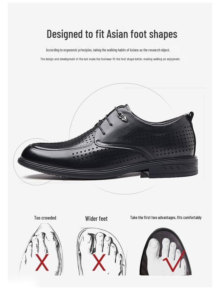 Men's Genuine Leather Breathable Formal Shoes – Top Layer Cowhide, Pointed Toe, Hollow Design, High-End Casual Style
