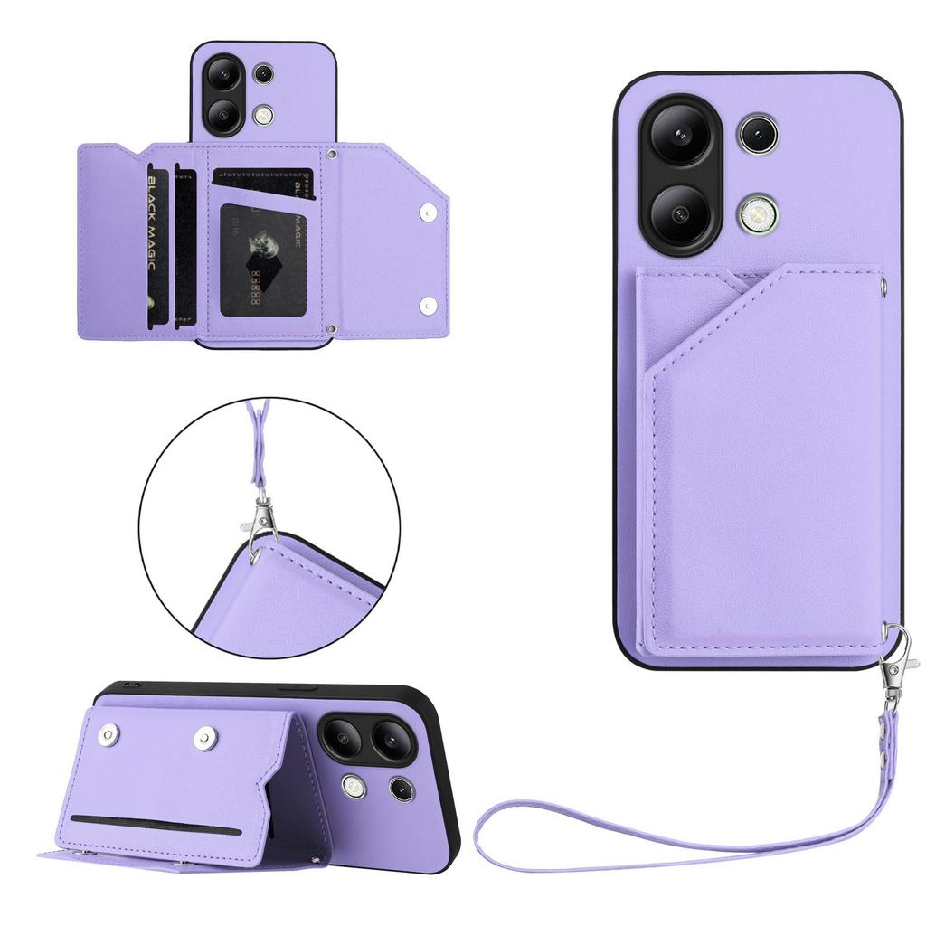 For Xiaomi Redmi Note 13 4G Case Card Holder Kickstand Skin-Touch Phone Cover with Wrist Strap