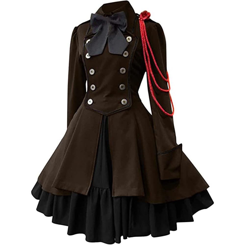 Plus Size 5XL Gothic Lolita Party Dresses Women Elegant Bow Collar Pleated Lace Up Ruffles Dress Medieval Retro Princess A Line