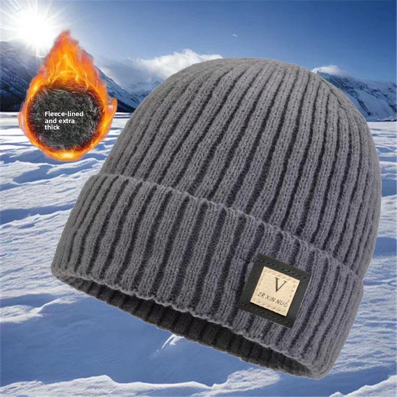 Мужская зимняя утепленная шерстяная вязаная шапка с флисовой подкладкой, модная универсальная однотонная шапка в корейском стиле