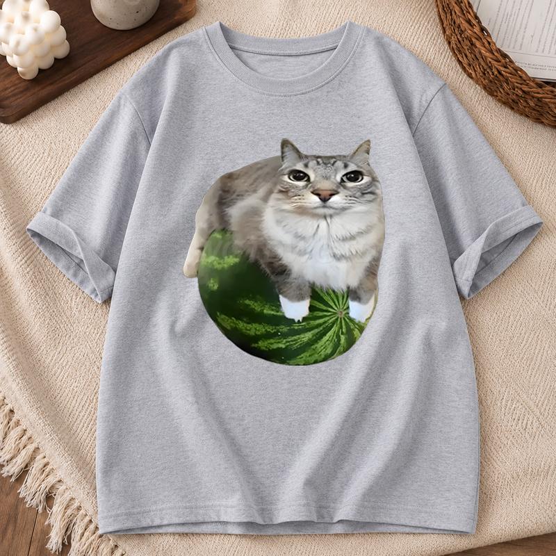 Watermelon Cat Shirts Unisex Unisex Silly Cat Meme TShirt Funny Cat Meme Retro TShirt Funny Meme Round Neck Short Sleeve Tee