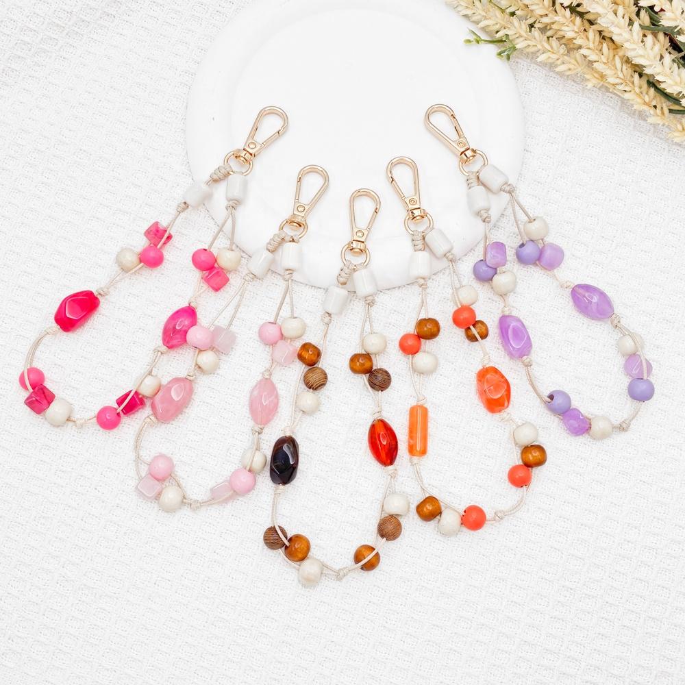 Unique Acrylic Wooden Bead Mobile Phone Strap KeyChain Phone Charm Hanging Wristband for Women's Cell Phone Case Decoration Gift