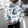 Мужская толстовка с капюшоном большого размера, с принтом белого парусника, с длинным рукавом, на кулиске, с карманом-кенгуру, пуловер