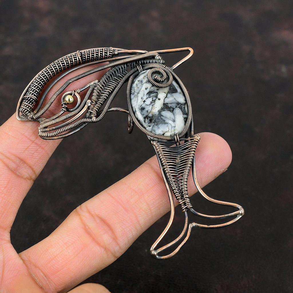 Pinolith Jasper Pendant Copper Wire Wrapped Pendant Handmade Copper Jewelry Gemstone Fish Pendant Dainty Pendant For Gift Wire Wrap Jewelry