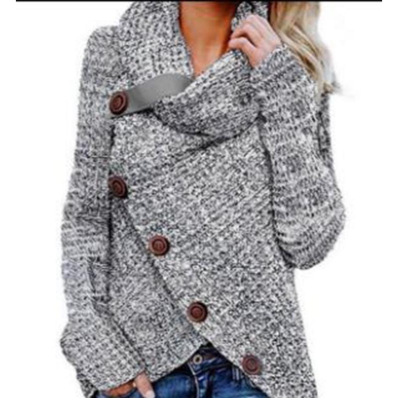 Осенне-зимняя мода, новый свитер с высоким воротником и длинным рукавом, нерегулярные пять косых пуговиц, трикотаж