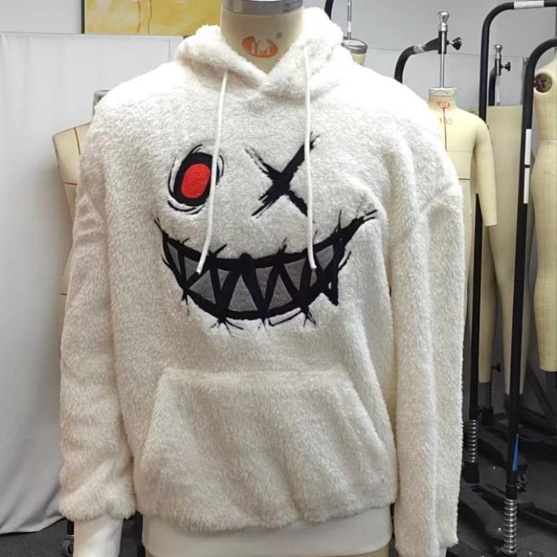 Осенне-зимняя толстовка с капюшоном из арктического бархата с вышитым смайликом, готовая толстовка