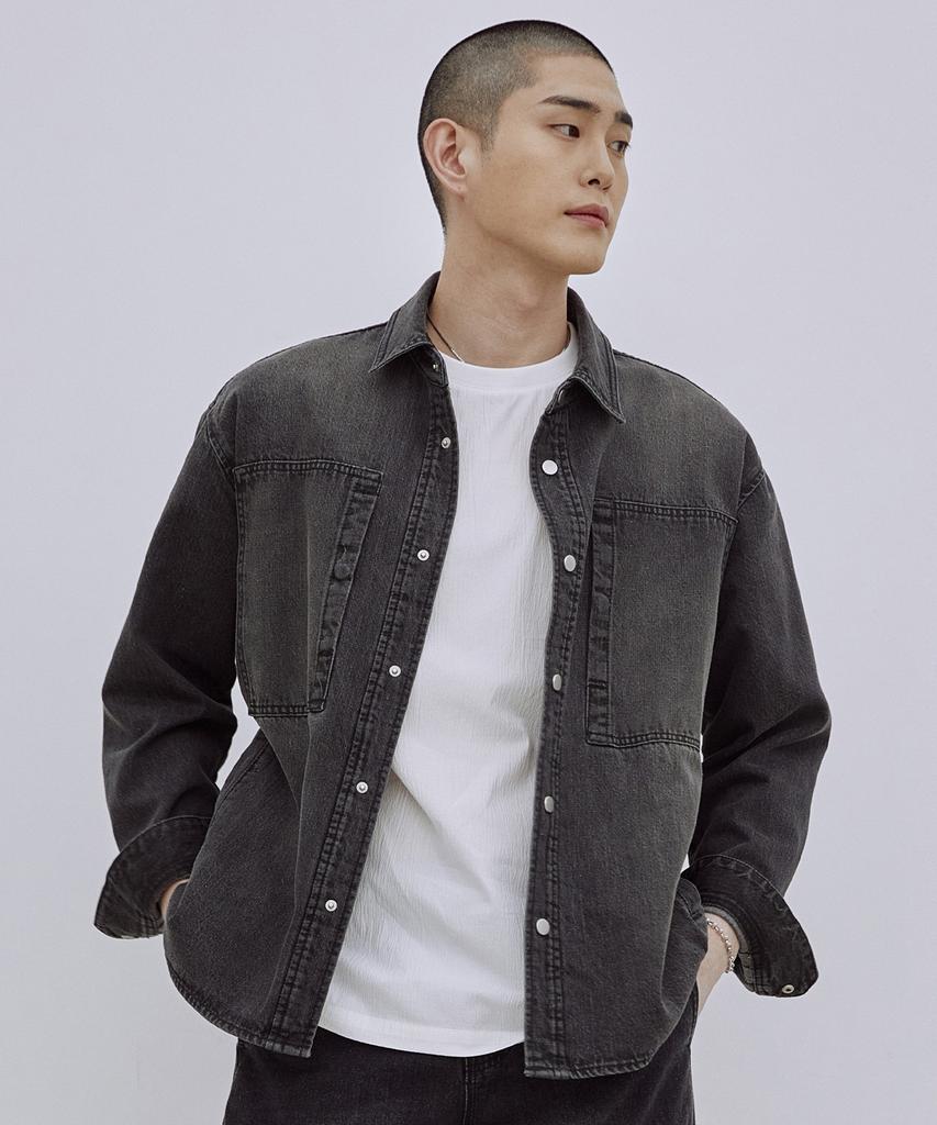 ADHOC Men'S Denim Two-Pocket Basic Shirt (Grey) (Ha3Ls01-35)
