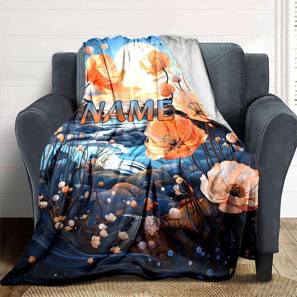 Sunset Flowers By The River Throw Customizable Blanket Customize Text Soft Warm Cozy For Sofa Couch Office Bed Picnics Four Seasons Universal Digital