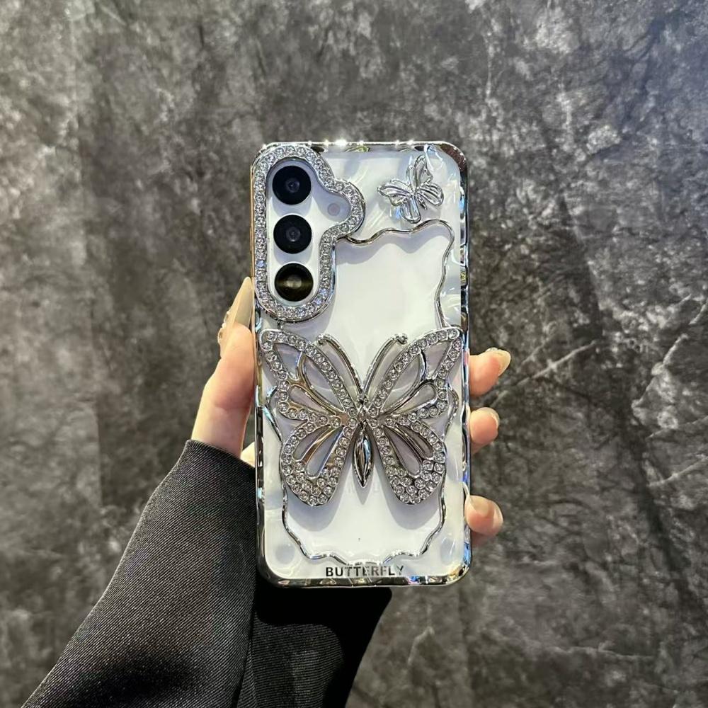 Яркий чехол-бабочка с бриллиантами для Samsung Galaxy S25 S24 S23 S22 Plus Ultra A16 A26 A36 A56 A07 A17 A06 A55 A05S Прозрачный чехол