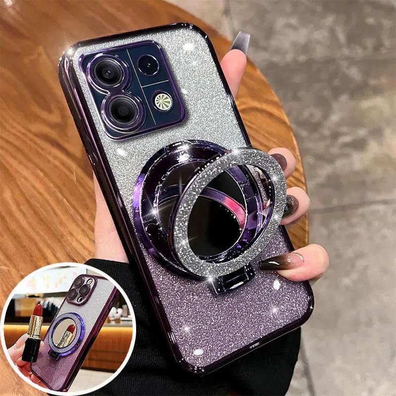 Роскошный силиконовый чехол с зеркальным блеском, держателем-подставкой и магнитным кольцом для Xiaomi POCO и Redmi Note13Pro 4G