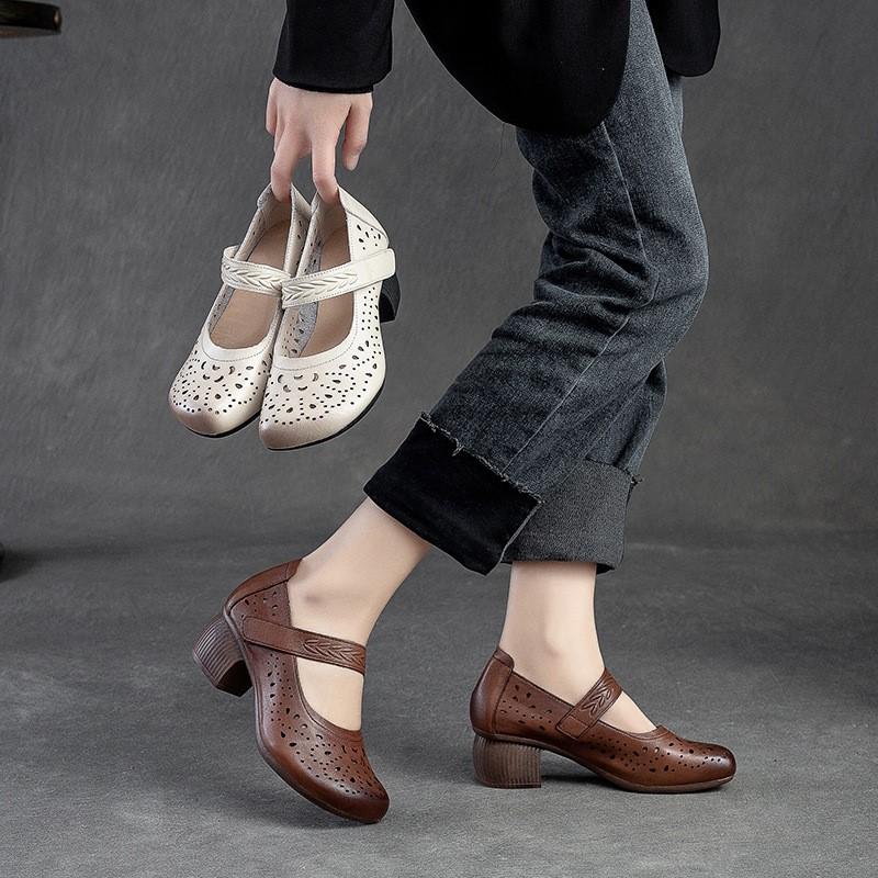 Johnature Женские сандалии, летние туфли-лодочки из натуральной кожи в стиле ретро, ​​удобная дышащая женская обувь на среднем каблуке