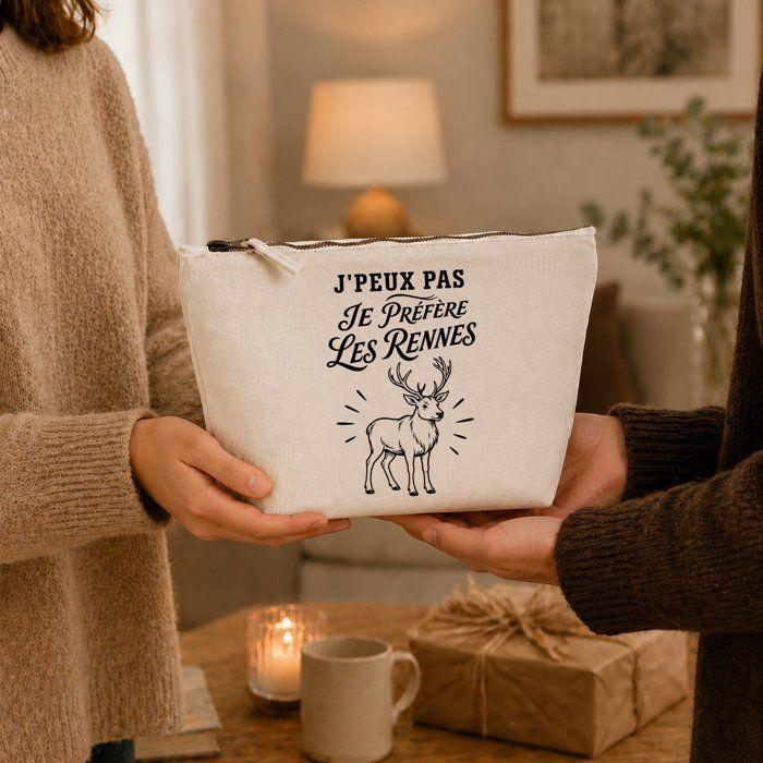 Trousse Beige J’peux pas je préfère les Rennes J'peux pas minimaliste | Trousse de Toilette en Coton 3 L avec Zip Métal et Fond
