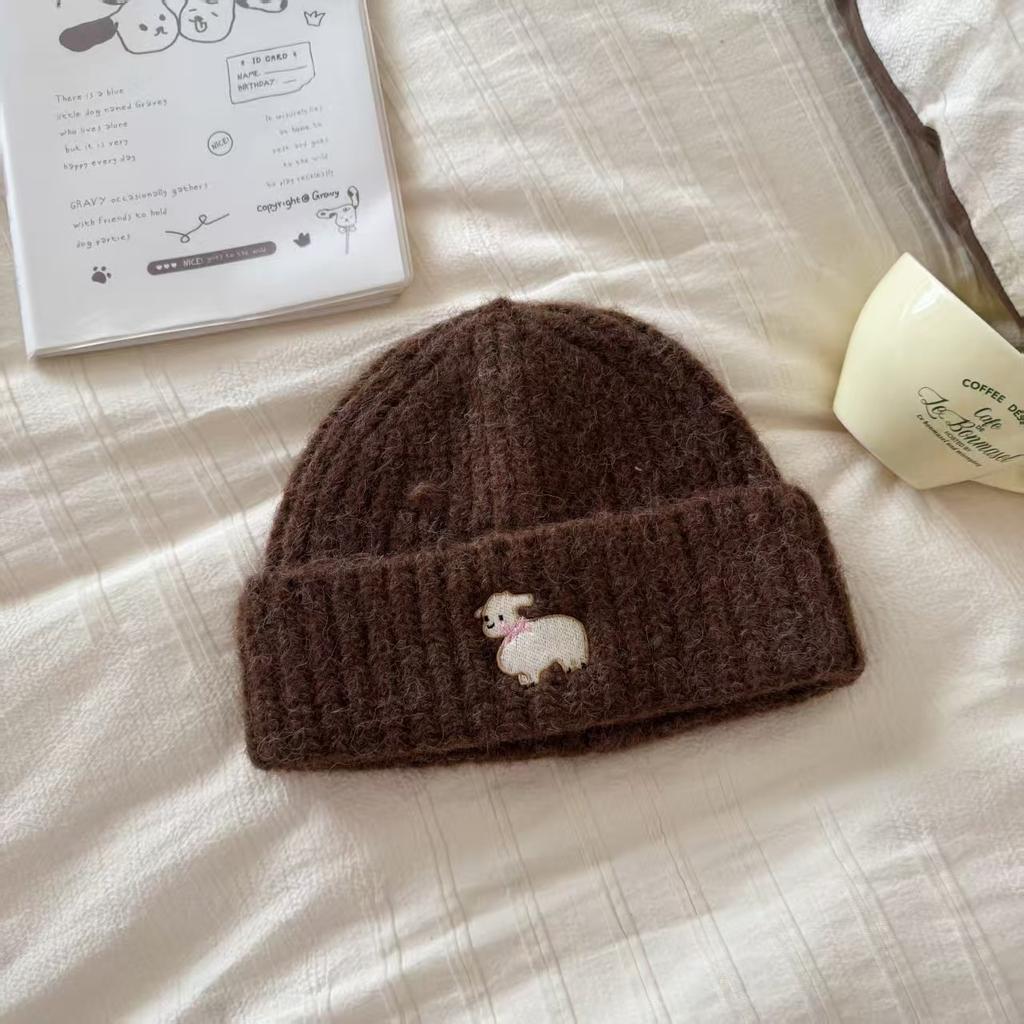 New embroidered lamb wool hat cute warm ear protection cold hat fashionable versatile cold knitted wool hat