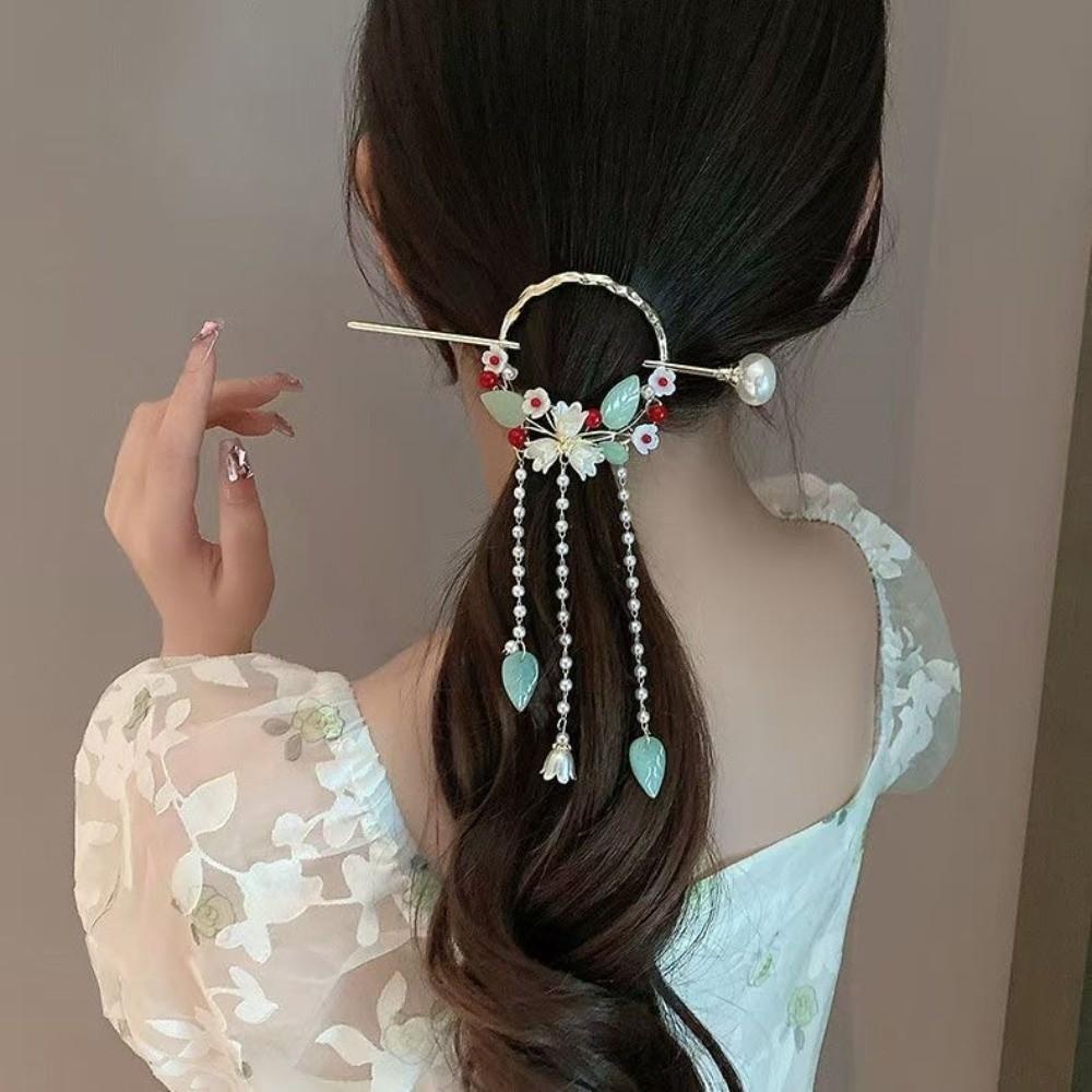 Elegant Hanfu Hairpin Vintage Long Tassels Floral Hair Accessory Flower Design Alloy Material Pearls Hair Sticks Daily Use