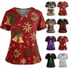 Women's Christmas Printed V-Neck Double Pocket Short Sleeves Hem Slit  Uniform Caregiver Top