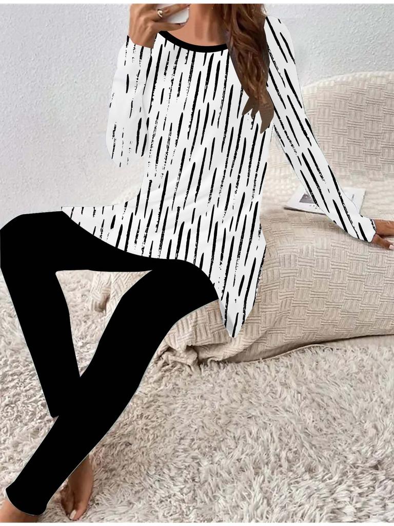 Евро-американская мода 3D Геометрический принт Женский Четырехсезонный Комплект из футболки с длинным рукавом + длинных брюк. Идеальный подарок на Новый год и Рождество