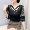 New Summer Sexy V-Neck Hollow Out Hot Diamonds Women's T-Shirt Half Sleeve Fashion Tops Classic Elasticity Mesh Flower Tees