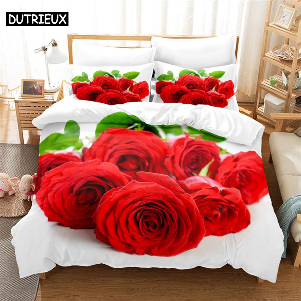 3D Принт Красной Розы - 3 предмета Комплект Пододеяльников, Доступен в размерах Кинг, Квин, Двуспальный, Односпальный и Двойной