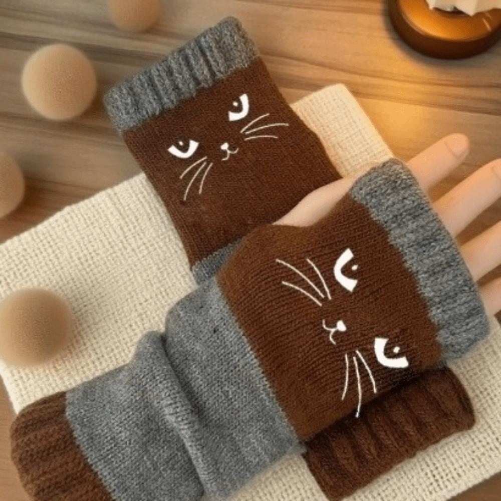 Soft Knitted Fingerless Gloves Thick Cat Embroidery Gloves Vintage Half Finger Gloves Daily