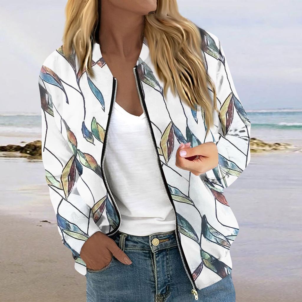 Женская модная повседневная куртка на молнии с длинным рукавом с принтом и круглым вырезом
