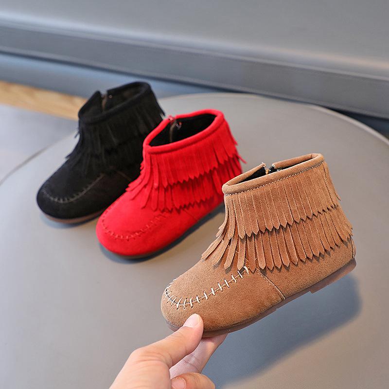 Girls Princess Boots Fashion Kids Ankle Boots Flock Fabric Warm Thick Fur with Side Zipper Tassels 2024 Autumn Winter Brand New