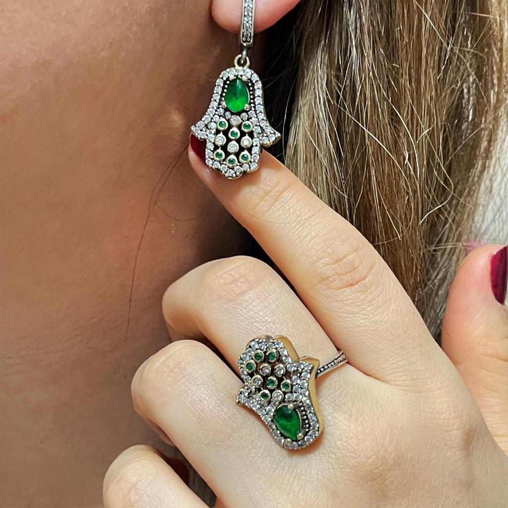 Серебряная серьга Hamsa Hand, серебряная серьга аутентичного дизайна, кольцо в османском стиле, серьга с изумрудным камнем, винтажная серебряная серьга