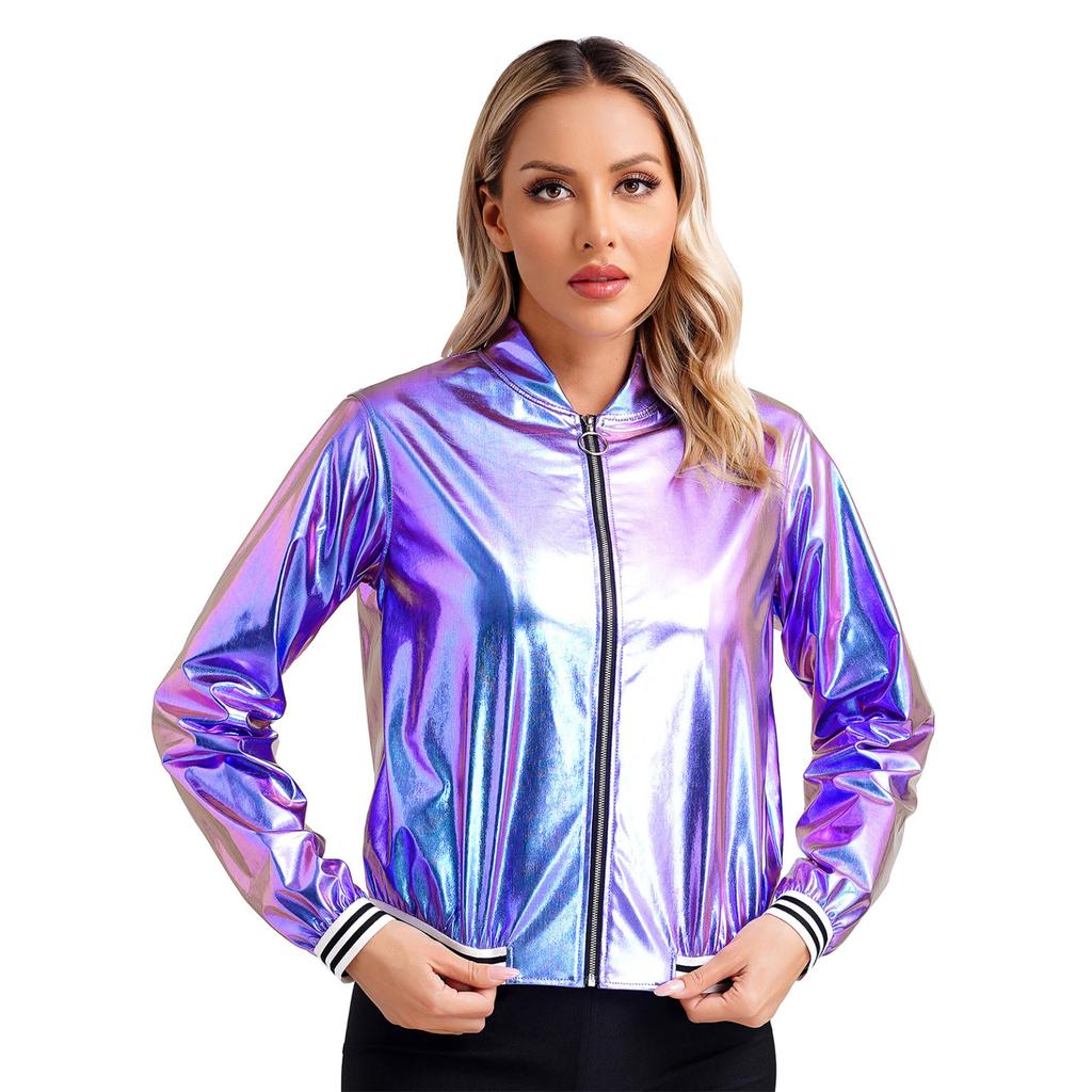 Women's Sparkly Holographic Lightweight 90S Shiny Metallic Long SleeveBomber Jacket