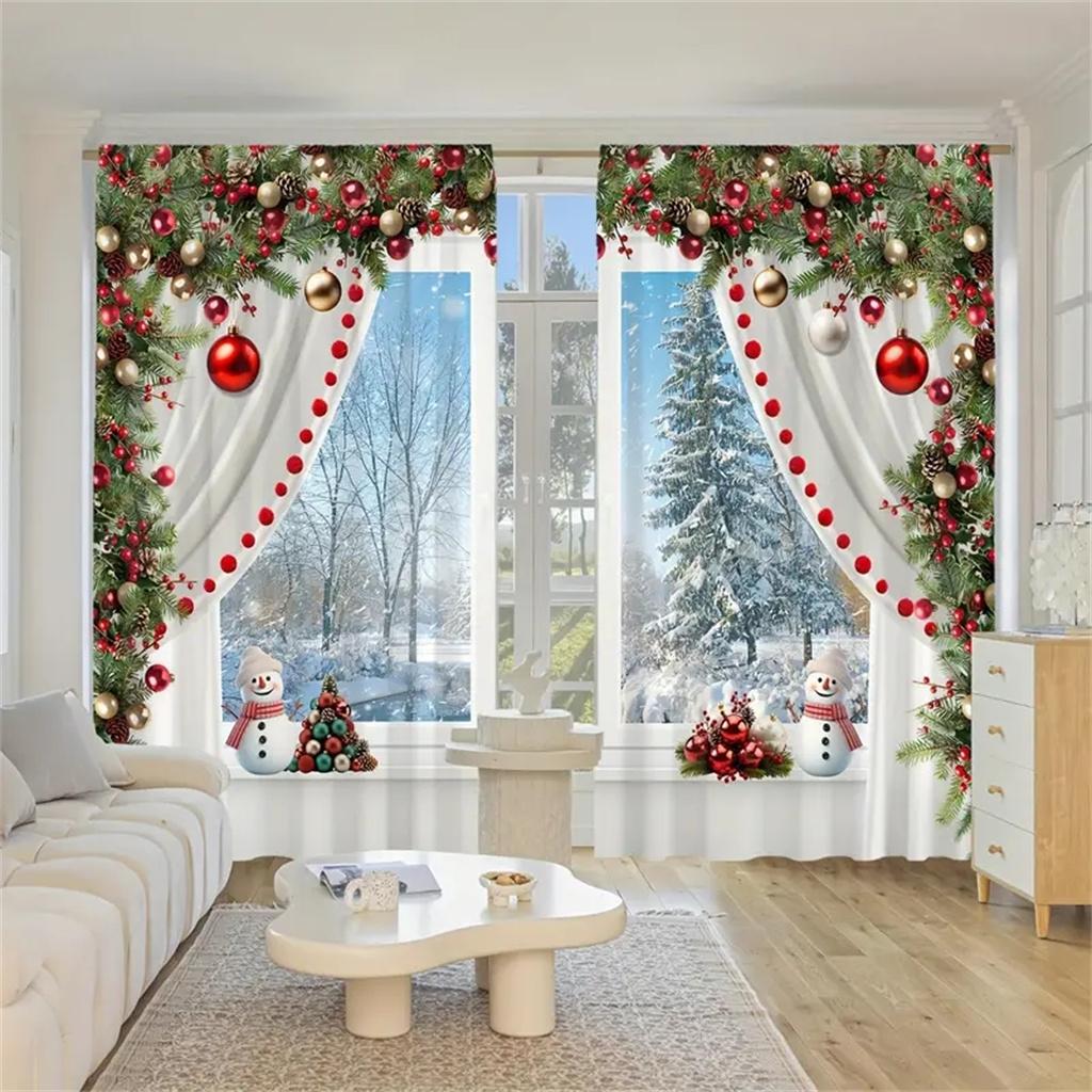 2Pcs Christmas Present Luxurious Christmas Decoration Curtains Festive Digital Print Holiday Decor Living Room Bedroom Kitchen
