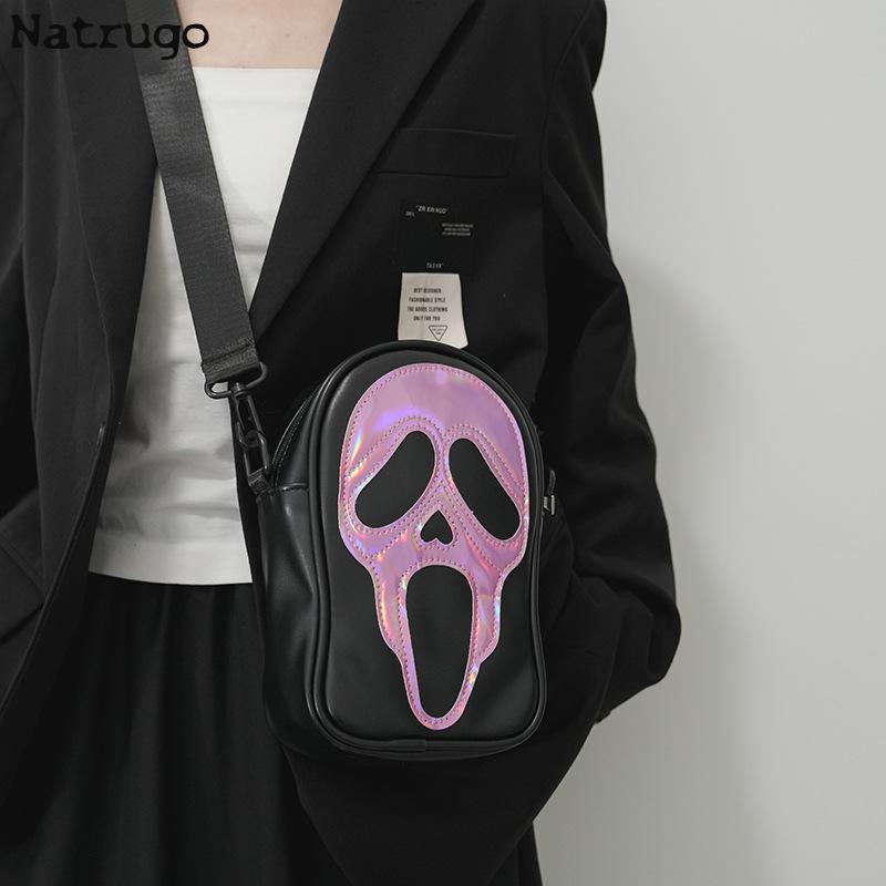 Crossbody Bag Men's, Women's Korean-style Funny Laser Ghost Skull Shoulder Bag Soft Mobile Phone Small Bag
