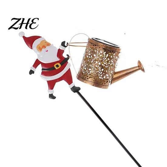 Waterproof Solar Path Lighting Christmas Santa Kettle Light, Solar-Powered Claus Watering Can Stake Lamp Metal Yard Ornaments for Gift with