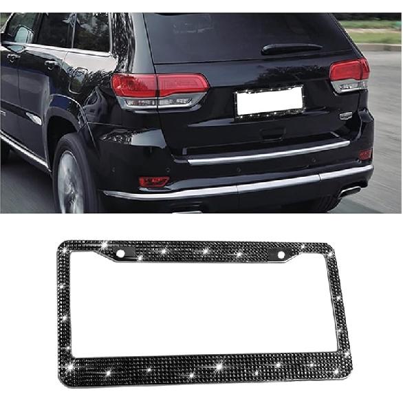 Bling Car License Plate Frame, Sparkly Crystal Rhinestone Vehicle License Plate Holder, Stainless Steel Auto Tag Plate Cover for Women Girls,