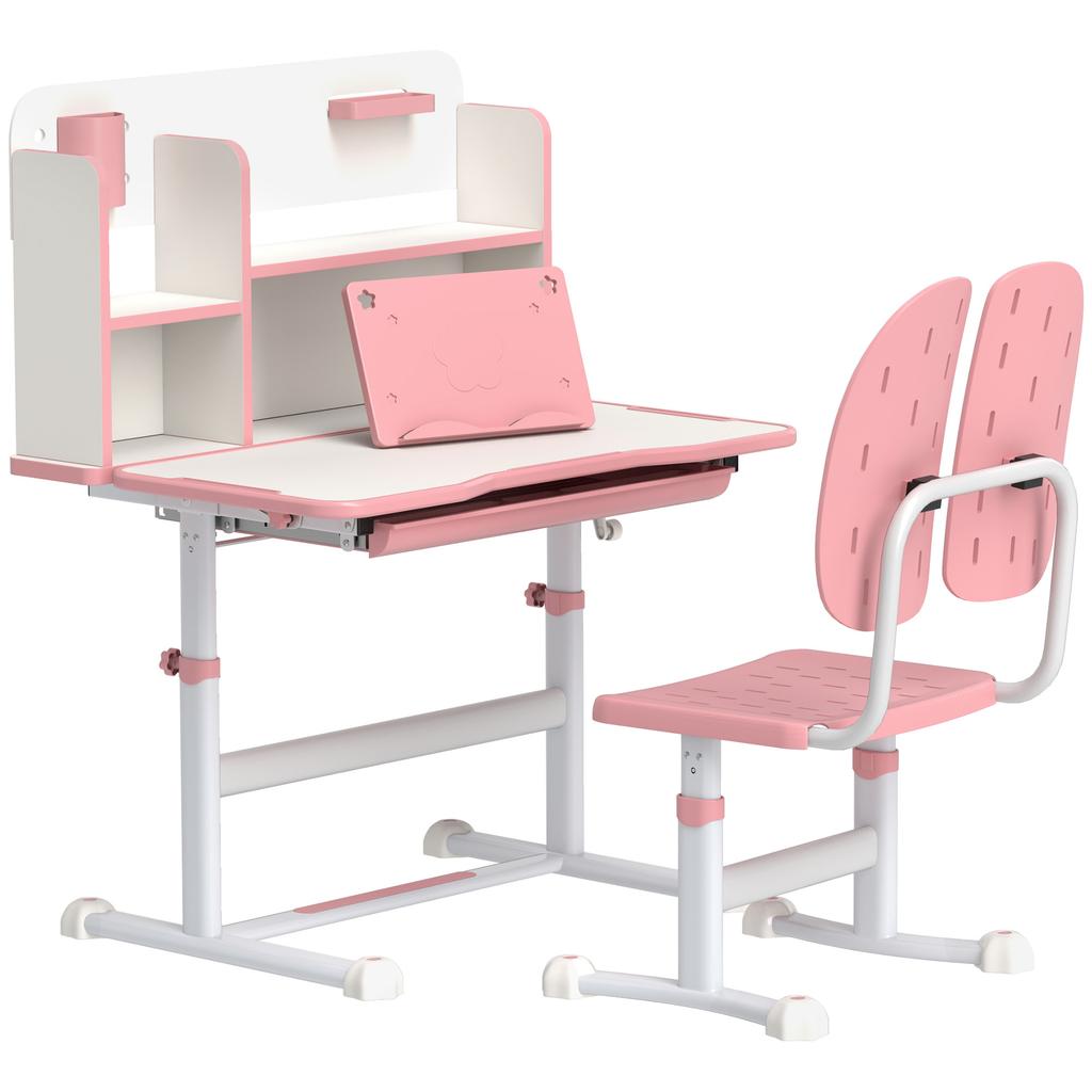 Height Adjustable Kids Desk and Chair Set, Children School Study Desk with Tiltable Desktop, Reading Rack, Pink