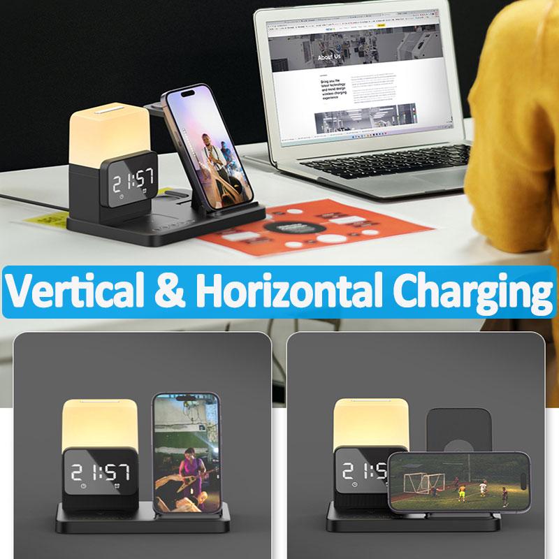 Складная подставка для беспроводного зарядного устройства 6 в 1, лампа-будильник, док-станция для быстрой зарядки для iPhone 14, 13, 12 X Pro Max Airpods Pro iWatch