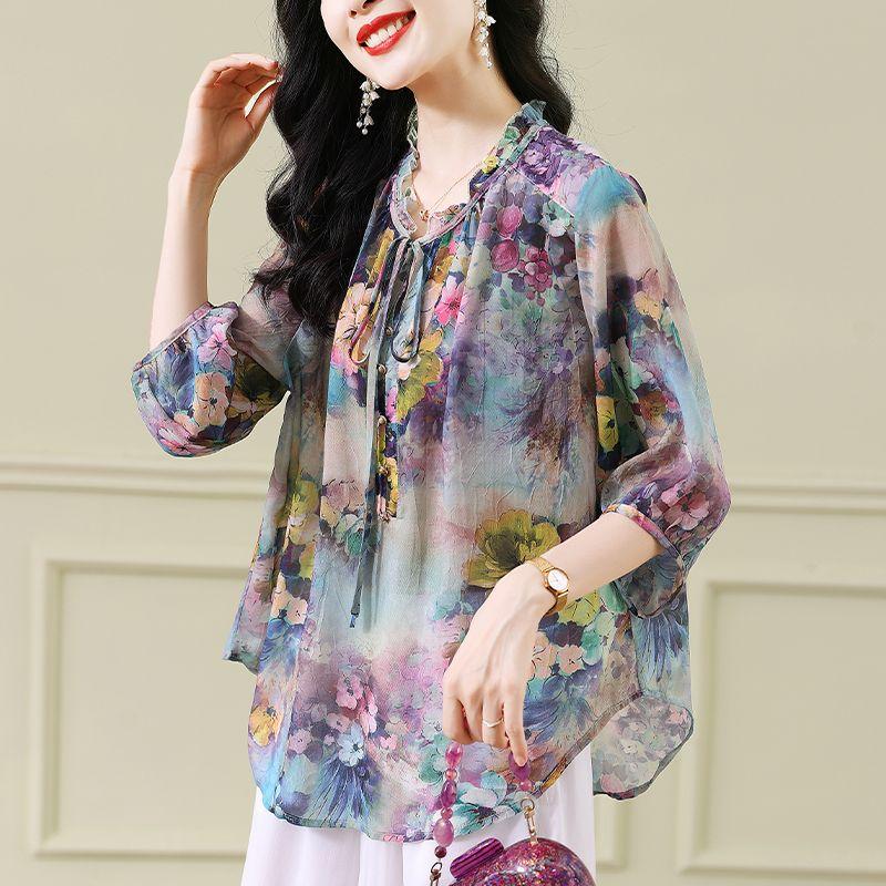 Chiffon Women's Summer Retro Loose Top Floral Shirt