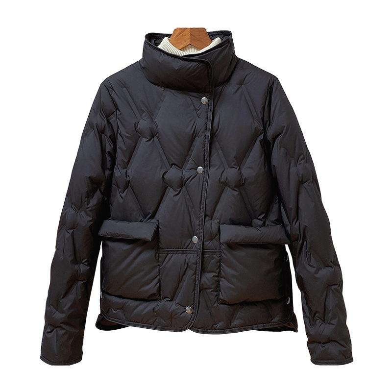 Осень и зима новый легкий пуховик женский короткий воротник стойка однобортный белый утиный пух карман прессованный клей тонкое пальто прилив