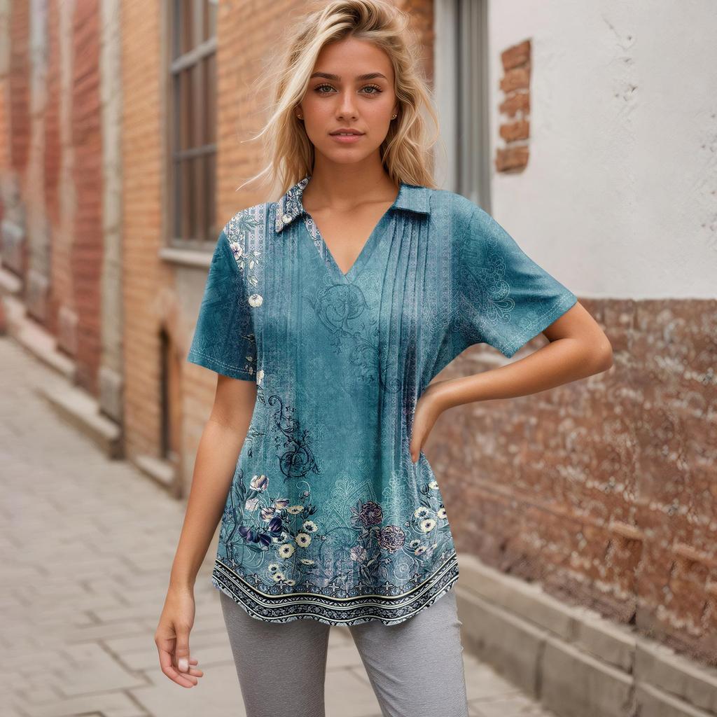 Женские футболки с коротким рукавом, плиссированные, с V-образным вырезом, с принтом, с воротником, летние топы, модные, деловые, повседневные, рабочие