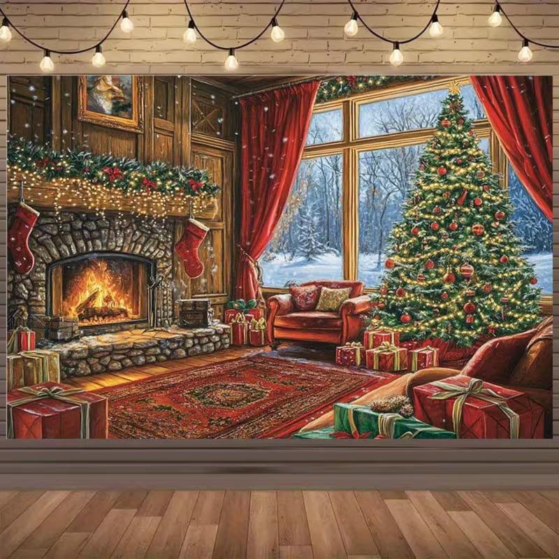 2D Warm Christmas Fireplace Backdrop Cozy Home Photography Background