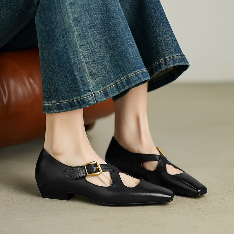 Krazing Pot Cow Skin Spring Summer Size 40 Thick Low Heels Women Square ToeShallow Pumps