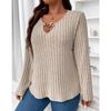 YYFS Women's Fashion Plus Size Casual Fall Winter Solid Color Print Long Sleeve V-Neck Pullovers & Long Sleeves