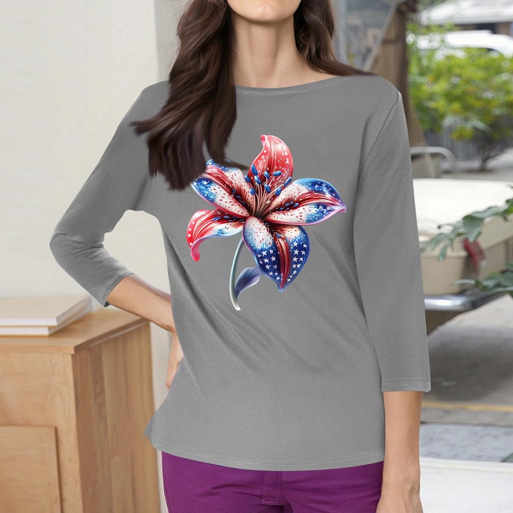 3/4 Sleeve Tops For Women T-Shirt Casual Print Tops T Shirt Round Neck Pullover Blouse