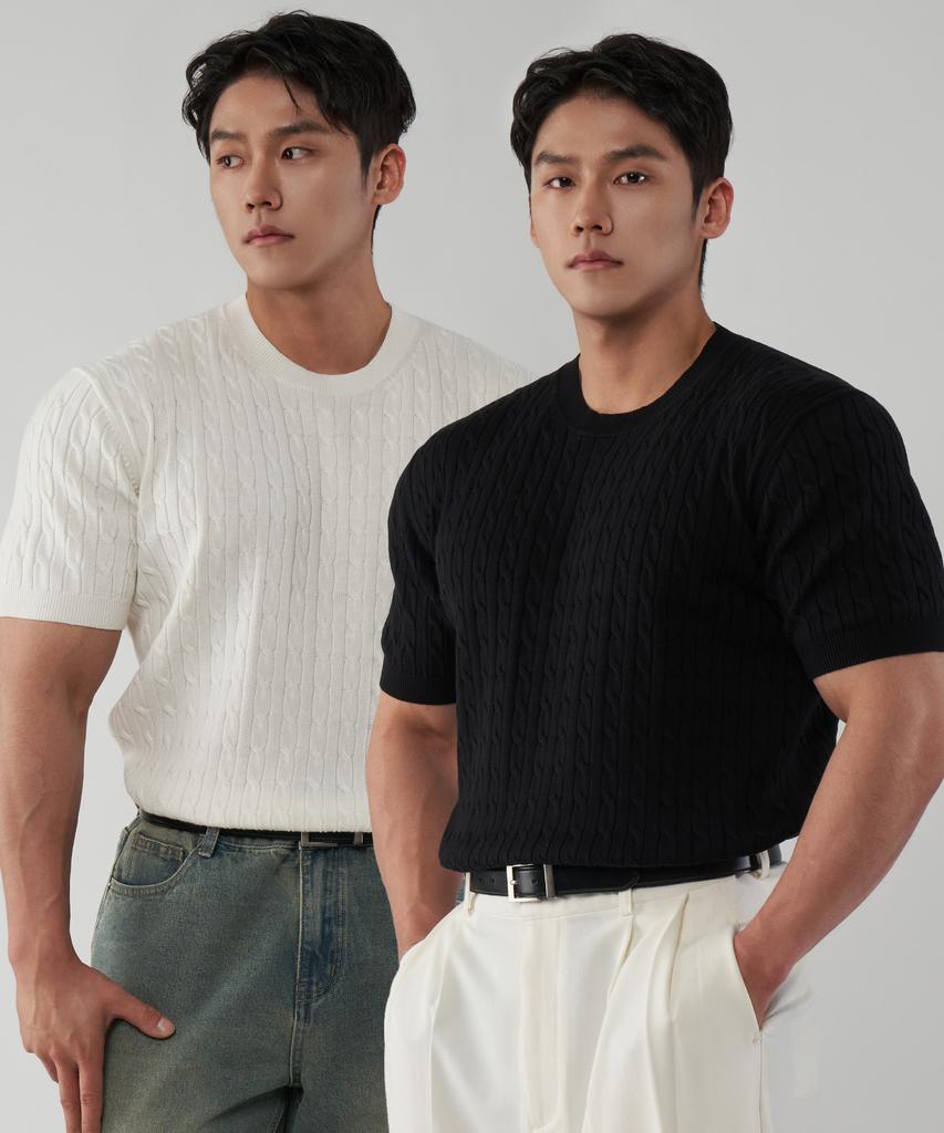 UNTAPPED STUDIO Muscle Fit Washable Cable Short Sleeve Round Knit 3 Colors