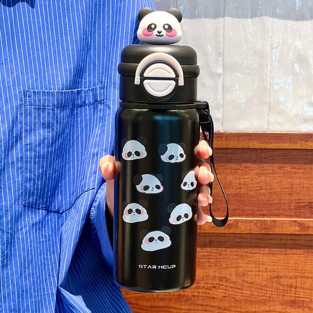 Reusable Cute Thermal Water Bottle Double Straw Drinking Water Cup Panda Insulated Cup Travel