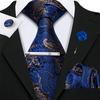Barry.Wang Tie Set for Men Blue Paisley Silk Necktie Hanky Cufflinks Boutonniere Tie Clip for Wedding Business